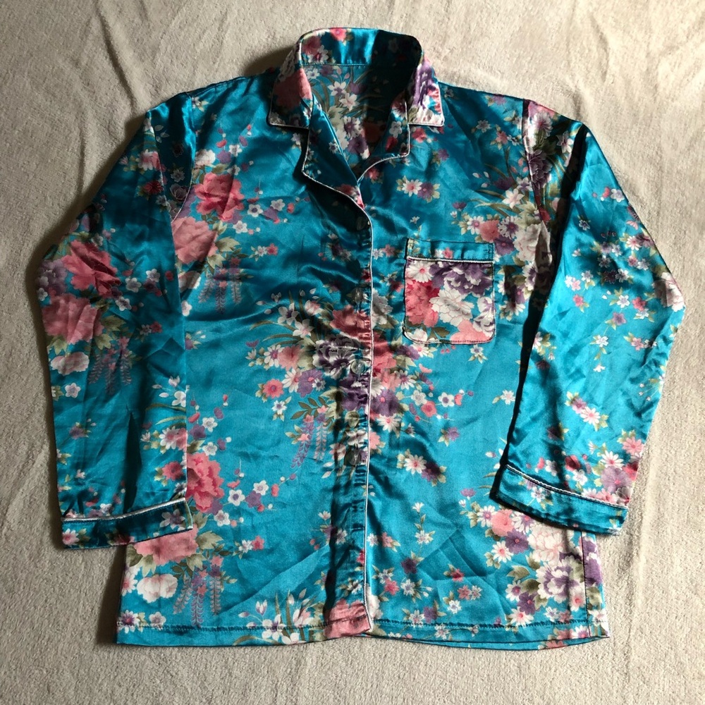 2 pc set sleepwear pajamas teal blue floral loungewear - Picture 4 of 6